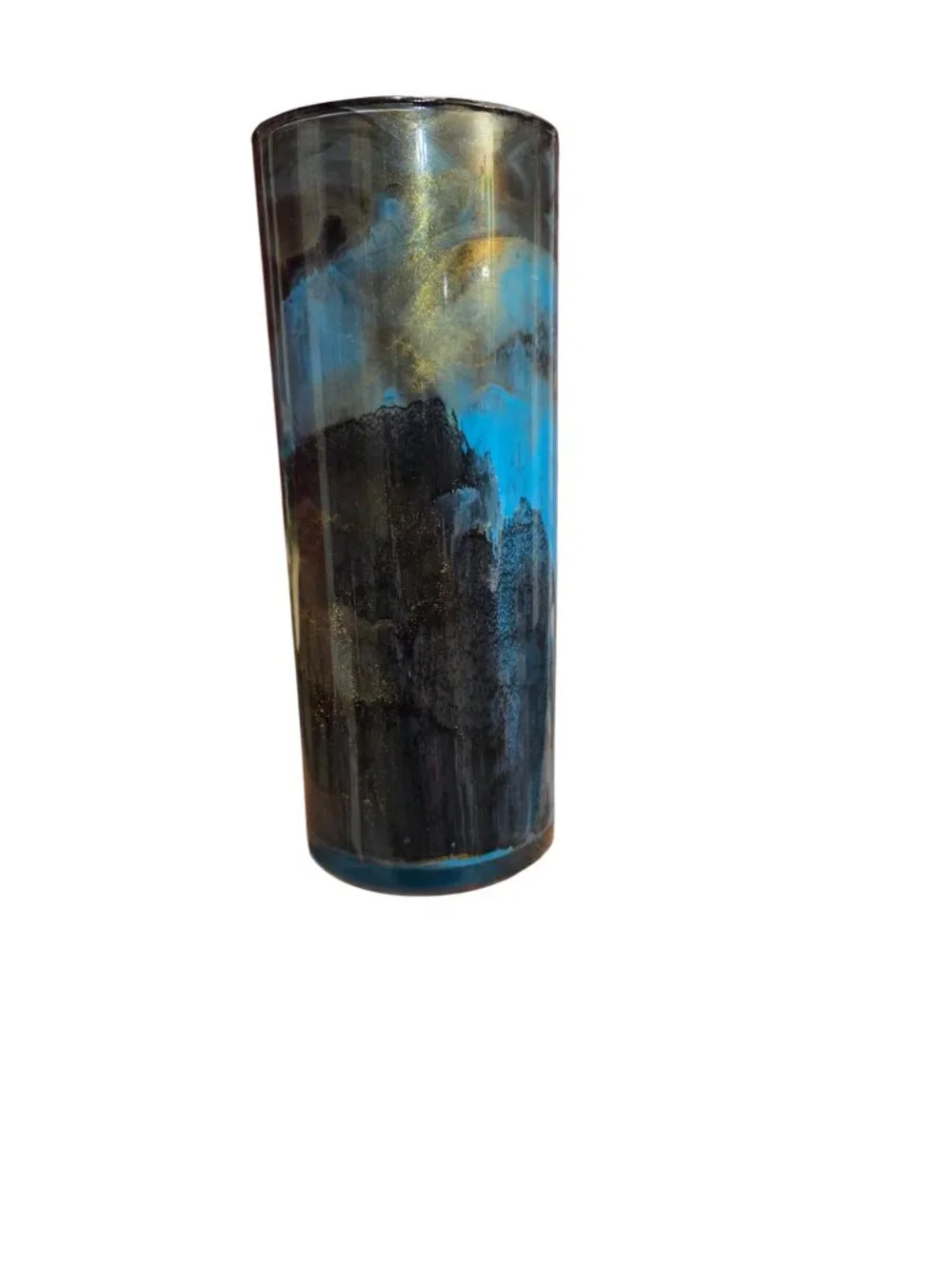 Handpainted OOAK Acrylic Pour Cylinder Vase, Teal Blue Black Gold, Unique Art